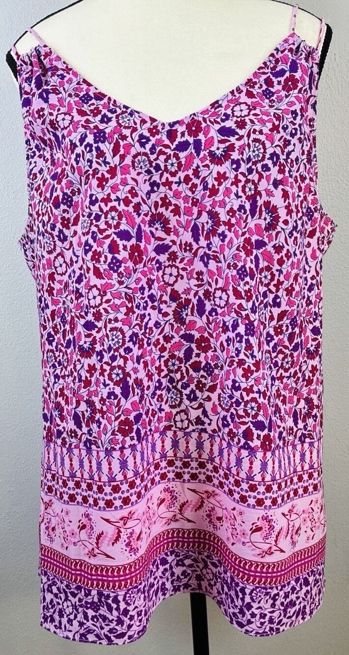 Cabi Sz L Limited Edition Indira Tank Pink Floral Cami Adj Straps Border Print